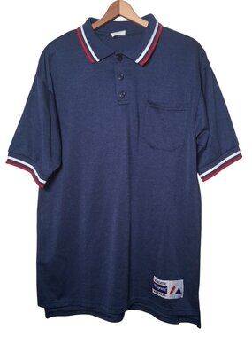 Vintage Majestic Polo Shirt L Navy Blue Red White Stripe Retro Sport Golf USA